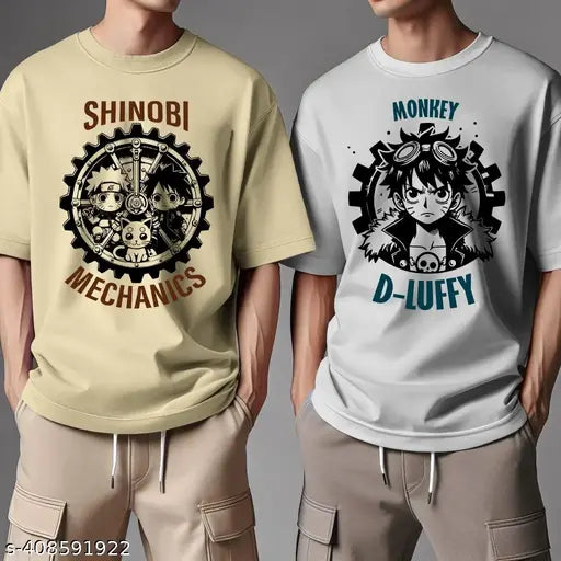 Men's 2X Premium Cotton Oversize combo T-shirts, printed anime design, XXL size for large men, made in India