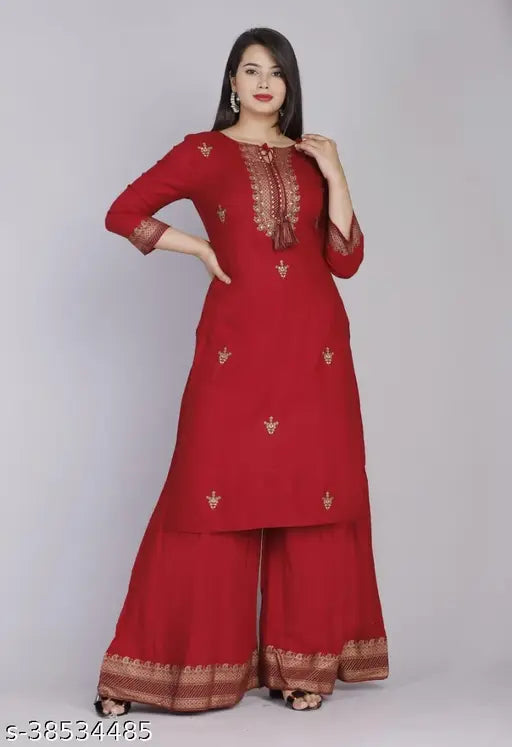 Trendy refined women's cotton kurta set with dupatta and bottomwear, embroidered three-quarter sleeves, original Indian craftsmanship. Sizes: M (38in bust), L (40in bust), XL (42in bust), XXL (44in bust), XXXL (46in bust)