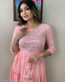 Cotton slub sleeved, embellished LUREX peach Anarkali kurti, heavy embroidered yoke and tassels. Indian fashion wear." (124 characters)