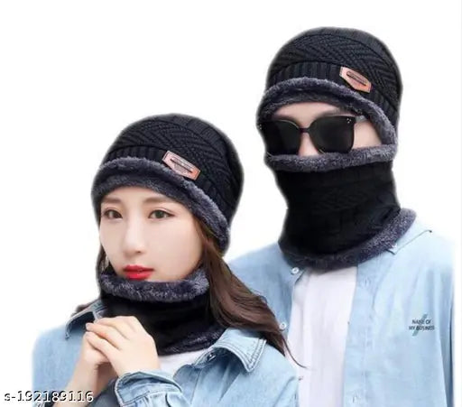Black fleece-lined wool beanie with neck scarf, trendy winter wear for men, fur-patterned accessory from India