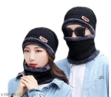 Black fleece-lined wool beanie with neck scarf, trendy winter wear for men, fur-patterned accessory from India