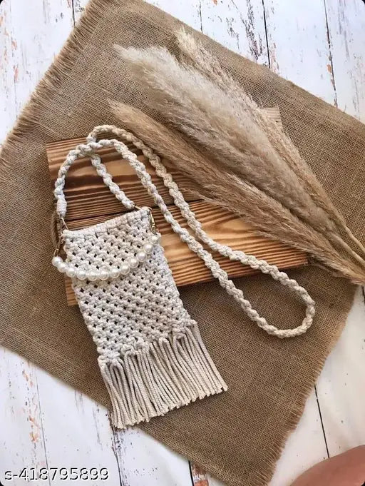 Embellished jute macrame small crossbody bag for women, fits most large smartphones like iPhone 13, lightweight for everyday use