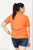 Orange pure cotton women's casual polo t-shirt with half sleeve, regular fit and solid collar