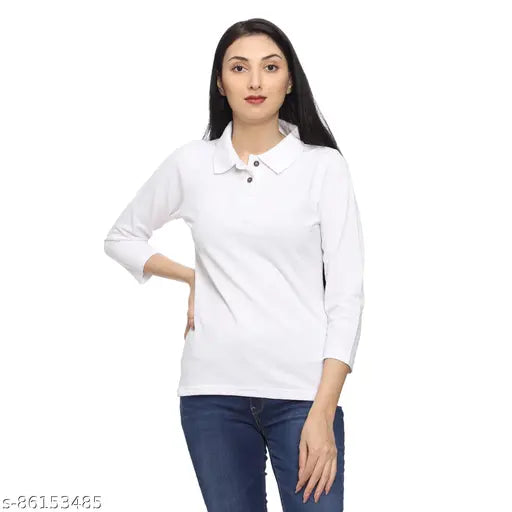 White three-quarter sleeve pique cotton regular fit t-shirt, versatile for women and girls, India-made fashion t-shirt