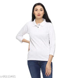 White three-quarter sleeve pique cotton regular fit t-shirt, versatile for women and girls, India-made fashion t-shirt