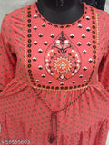 Pink rayon three-quarter sleeve embroidery kurti for women, Indian printed combo on mannequin