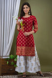 Red and White premium printed rayon kurti and palazzos set, featuring three-quarter sleeves and a highlight print design