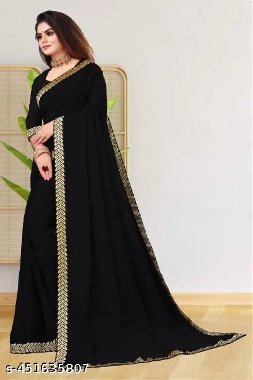 Black Georgette Maharani Lace Saree with Separate Silk Blouse, intricate lace border design