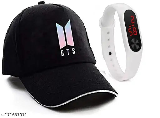 Embroidered BTS cotton baseball cap with LED white band, for men and boys