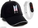 Embroidered BTS cotton baseball cap with LED white band, for men and boys