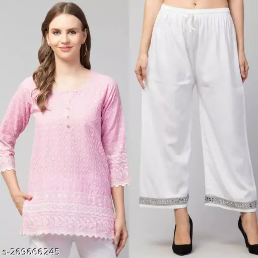 Pink Chikankari cotton top with mirror lace palazzo set, solid net design, three-quarter sleeves, machine washable, lightweight, India origin