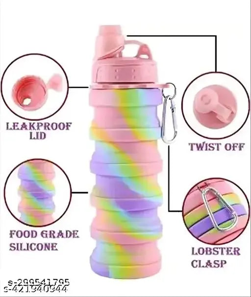 Multicolor collapsible silicone water bottle, BPA-free, leak-proof, and foldable for easy storage and portability