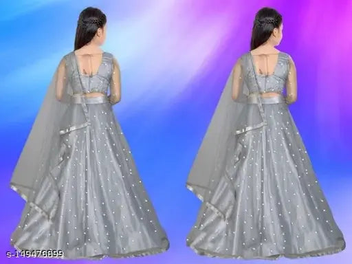 Grey kids' lehanga choli combo with net fabric and three-quarter sleeves, embroidered patterns. Indian kids' traditional outfit set in various sizes from 7-14 years