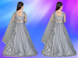 Grey kids' lehanga choli combo with net fabric and three-quarter sleeves, embroidered patterns. Indian kids' traditional outfit set in various sizes from 7-14 years
