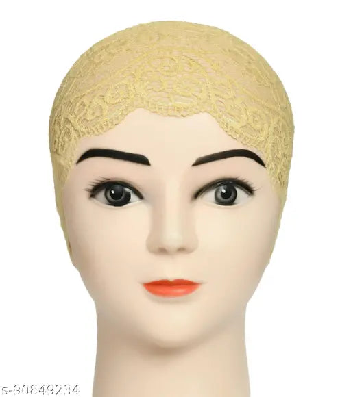 Black & cream lycra skull cap scarf (2 pcs) - versatile head covering for hijabs or as under-scarf, India origin