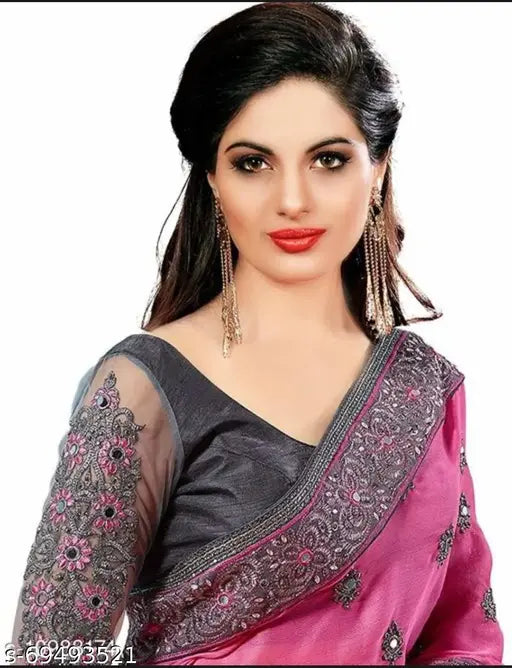 Vichitra silk saree with embroidered net blouse, free size, 6.3m length from India