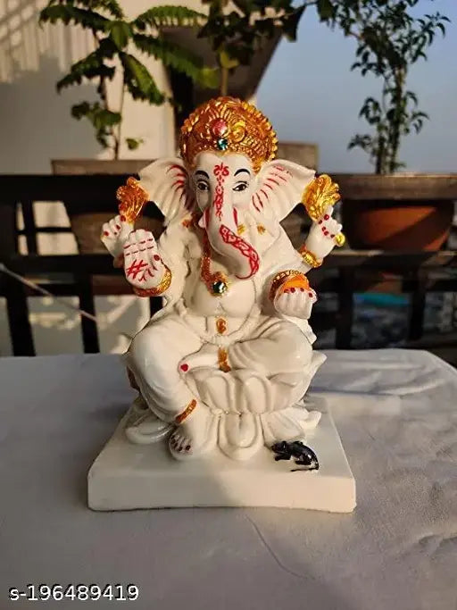 Marble Dust 7" White Ganesha Idol, intricately hand-carved Jaipur artistry for home or office decor, symbolizing joy, prosperity, and good luck