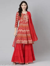 Rayon embroidered Sharara suit for party wear, Indian fashion on display with dupatta and bottomwear