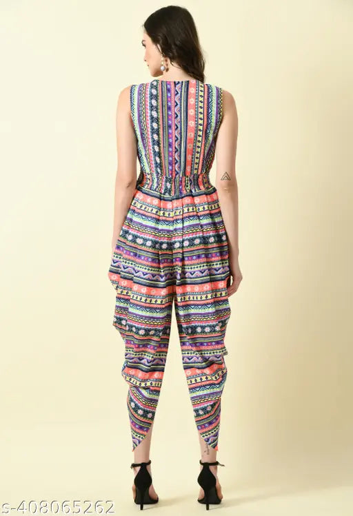 Stylish crepe, sleeveless dhoti jumpsuit dress with digital print, Indian origin (S/M/L/XL)