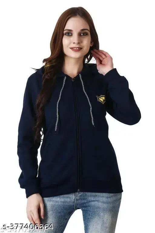 Cotton blend printed net women's fleece jacket with chain hoodie, long sleeves, available in sizes S-XL. Cozy winter jacket from India
