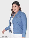 Denim women's jacket plus size, long sleeves, solid pattern in XXL, XXXL, 3XL, 4XL. Made in India