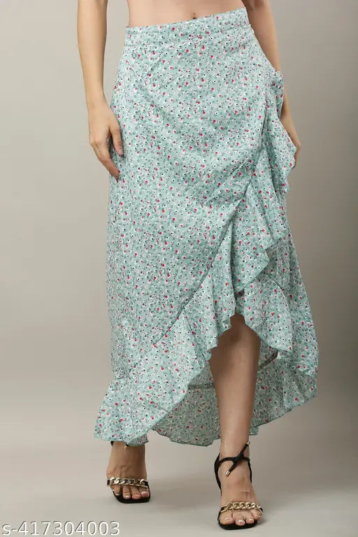 Flower print ruffle rayon skirt for women, soft fabric and fashionable fit. Available in sizes 28, 30, 32, 34. Made in India