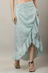 Flower print ruffle rayon skirt for women, soft fabric and fashionable fit. Available in sizes 28, 30, 32, 34. Made in India