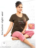 Premium hosiery cotton half-sleeve round neck t-shirt & capri set for nightwear, printed net pattern on display