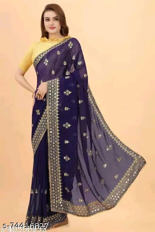 Embroidered Georgette mirror saree with separate dupion silk blouse, Indian fancy saree for women, free size (5.5m/0.8m)