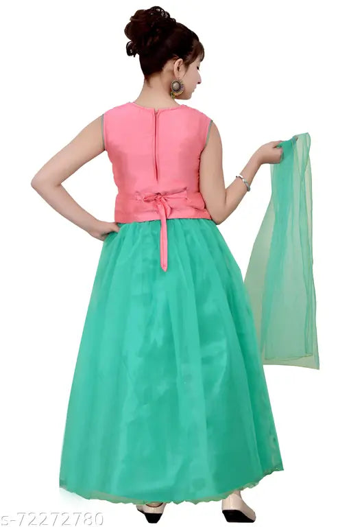 Royal unique design ethnic embroidered satin lehenga & net dupatta set, sleeveless, for girls (Size 13-14 Years)