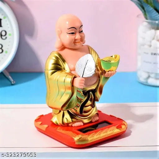 Gold plastic automobile showpiece, medium solar-powered A1 Laughing Buddha with waving fan and moving head, bringing health, wealth, and prosperity