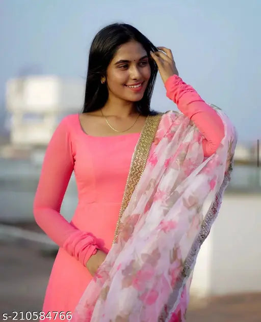 Pink Georgette Solid Gown with Printed Duptta, three-quarter sleeves, NEW ARRIVAL India origin