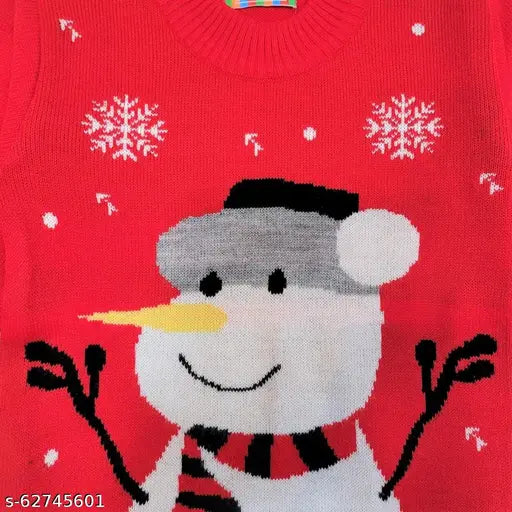 Kids acrylic snowman sweater for Christmas, printed pattern, sizes 6-12 months to 5-6 years, on child model