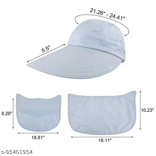 Blue polyster sun hat with UPF 50+ UV protection, wide brim, detachable flaps, face mask, and ponytail opening - perfect for outdoor activities like boating, camping, or fishing