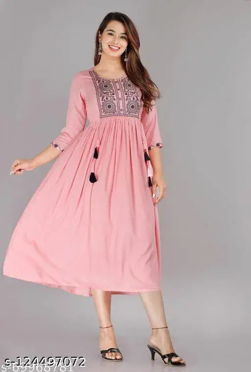 Rayon pink embroidered women's kurti for work and festivities, three-quarter sleeves, India-made