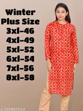 Women's plus-size winter wear woolen kurta 3xl-46 to 8xl-58, three-quarter sleeves, printed, woolen, India origin