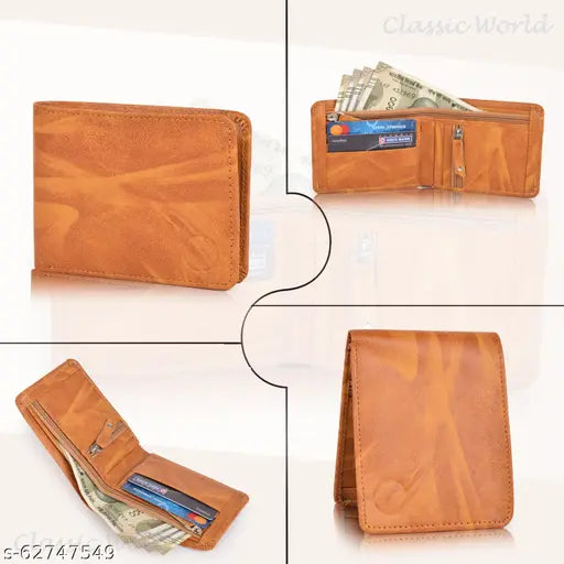 Tan PU textured bi-fold wallet, ample storage for cards and bills, perfect for daily use in denim or formal trousers. Made by skilled technocrats in India