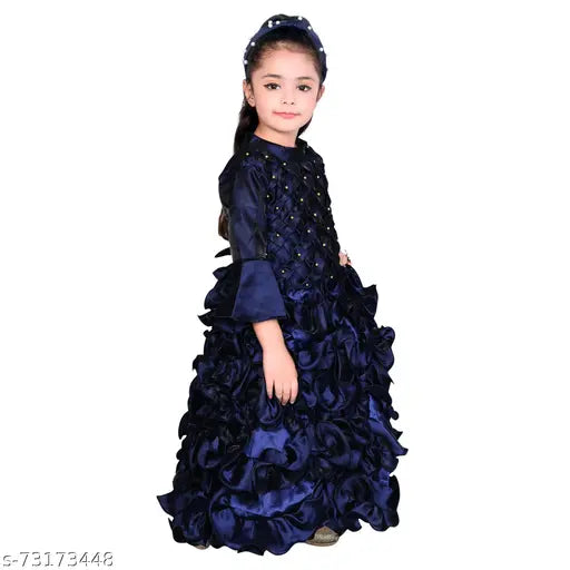 Blue cotton blend long-sleeved embroidery gown dress by RK Collection for girls (2-3 years - 7-8 years)
