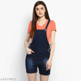 Navy blue denim, solid strapless jumpsuit for women (S: 35-28-40, M: 37-30-42, L: 39-32-44, XL: 41-34-46) on model