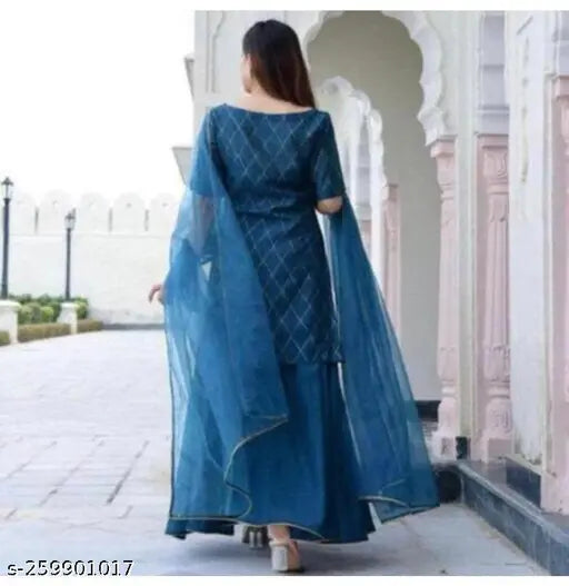 Rayon Mayura Kurta Set with Checked Net Sharara and Dupatta, Indian festival wear from premium collection in Rama Color