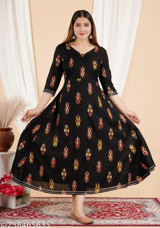Rayon three-quarter sleeve women's printed kurti gown, vibrant Indian design for ladies in M and L sizes