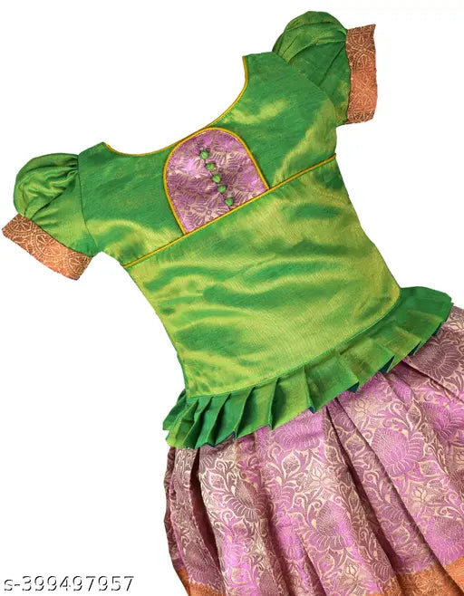Kids traditional pattu pavadai & Lehenga choil set, Indian tissue lehenga with applique patterns on short-sleeved tops. Suitable for festivals and gatherings in sizes 0-6M to 4-5Y
