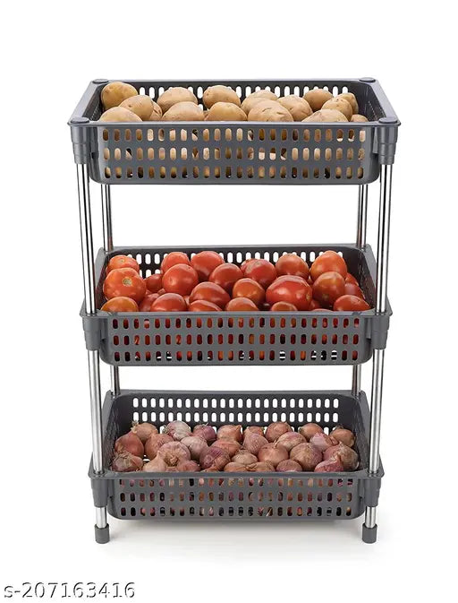 Gray 3-layer plastic-stainless steel fruit & veg rack for kitchen storage, multi-purpose organizer