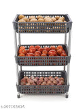 Gray 3-layer plastic-stainless steel fruit & veg rack for kitchen storage, multi-purpose organizer