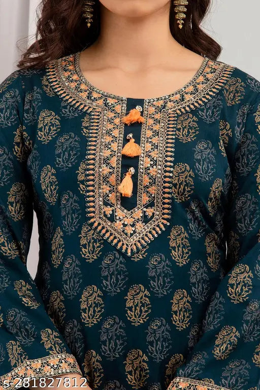 Rayon printed net kurta set with palazzos for women, long sleeves, blue color on lightweight viscose fabric