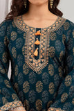 Rayon printed net kurta set with palazzos for women, long sleeves, blue color on lightweight viscose fabric