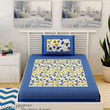 Blue cotton Jaipuri single bedsheet with matching pillow cover, featuring floral patterns on a regular thread count of 120 - ideal for summer adult use. Pure cotton bedding from UniqChoice, India