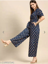 Myntra rayon jumpsuit, navy blue and gold ethnic print, XS to XXL sizes