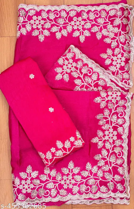 Intricate cotton embroidery on chiffon saree fabric, 3mm cording detail