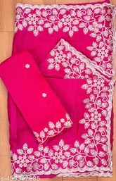 Intricate cotton embroidery on chiffon saree fabric, 3mm cording detail